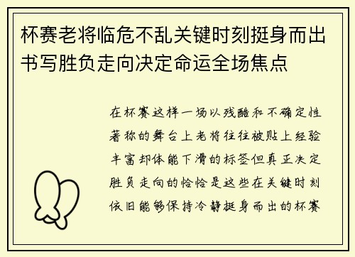 杯赛老将临危不乱关键时刻挺身而出书写胜负走向决定命运全场焦点