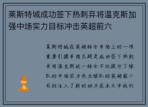 莱斯特城成功签下热刺弃将温克斯加强中场实力目标冲击英超前六